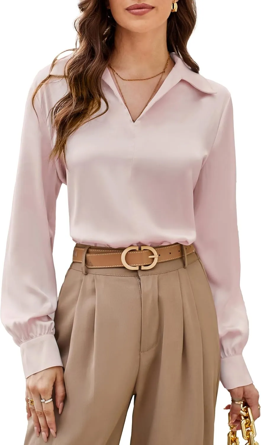 GRACE KARIN Women's Satin Silk Blouse Lapel V Neck Long Sleeve Casual Work Blouse Shirts Pullover Tops