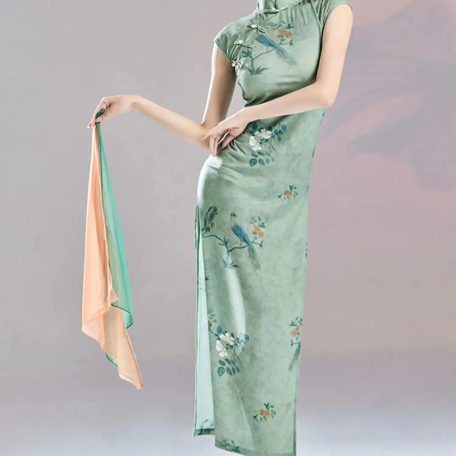 Green Chinese Cheongsam Dance Dress 2024 Modern Qipao Costume