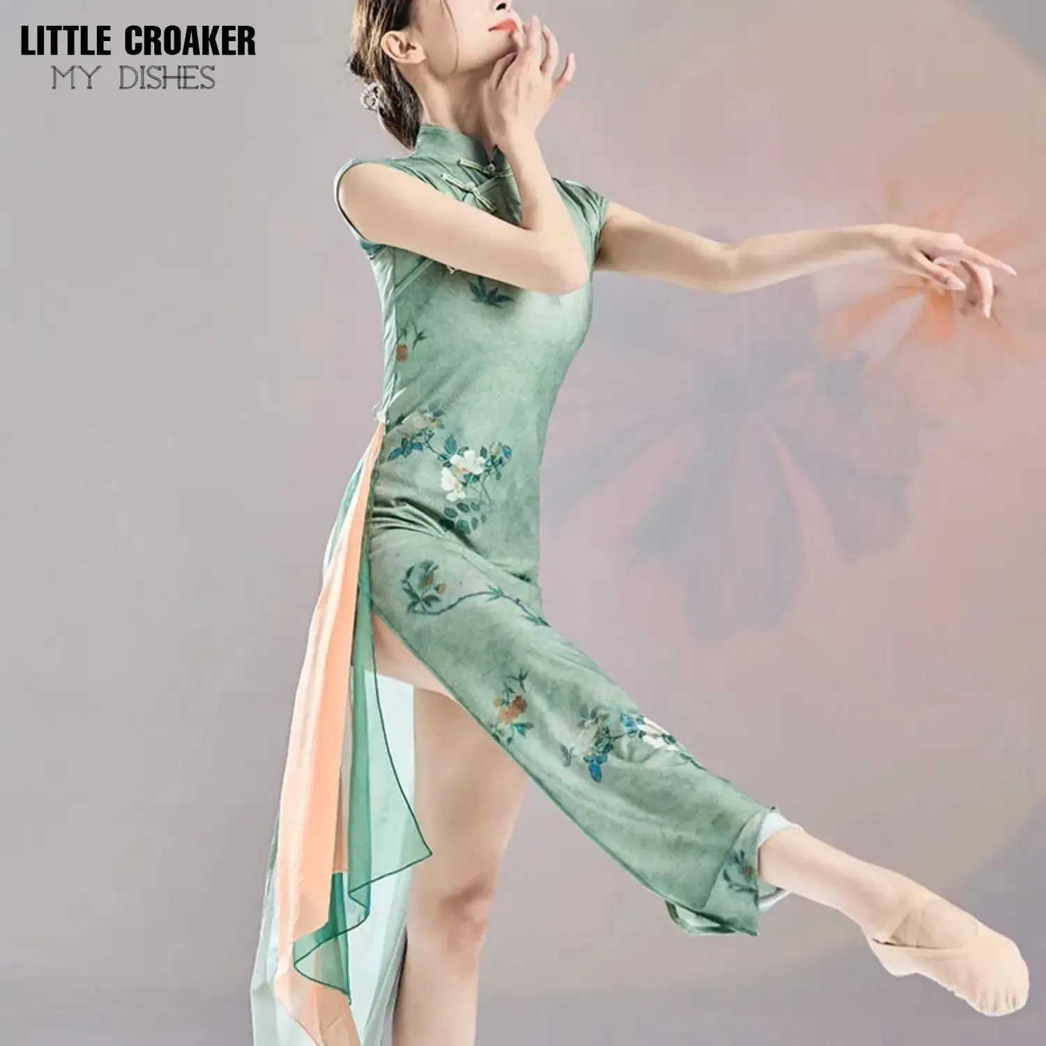 Green Chinese Cheongsam Dance Dress 2024 Modern Qipao Costume