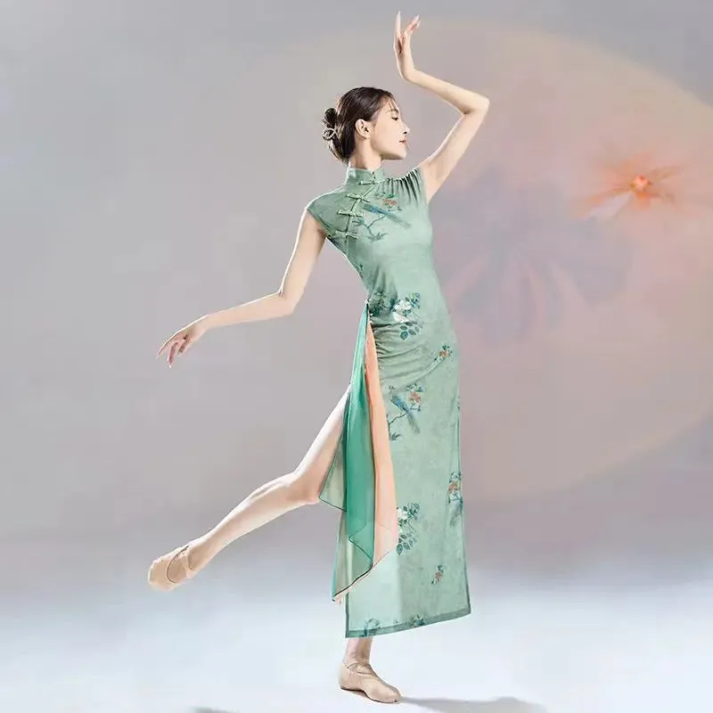 Green Chinese Cheongsam Dance Dress 2024 Modern Qipao Costume