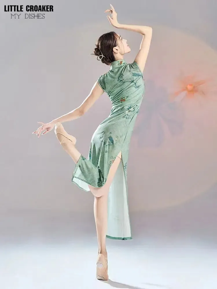 Green Chinese Cheongsam Dance Dress 2024 Modern Qipao Costume