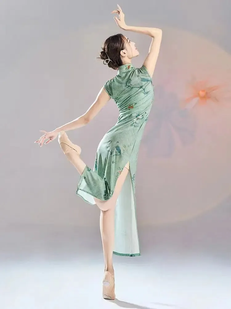 Green Chinese Cheongsam Dance Dress 2024 Modern Qipao Costume