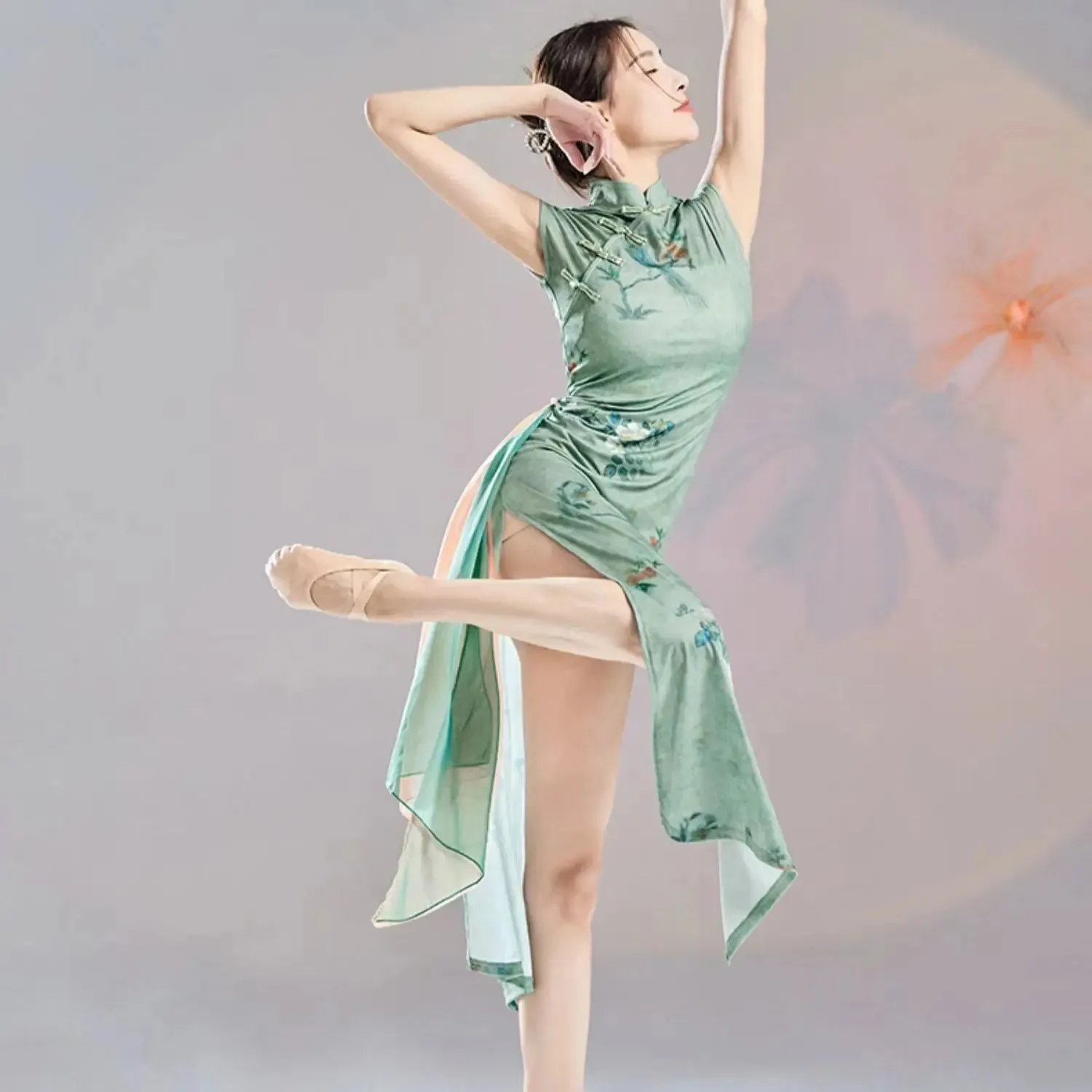 Green Chinese Cheongsam Dance Dress 2024 Modern Qipao Costume