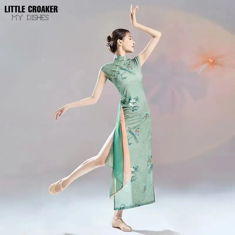 Green Chinese Cheongsam Dance Dress 2024 Modern Qipao Costume
