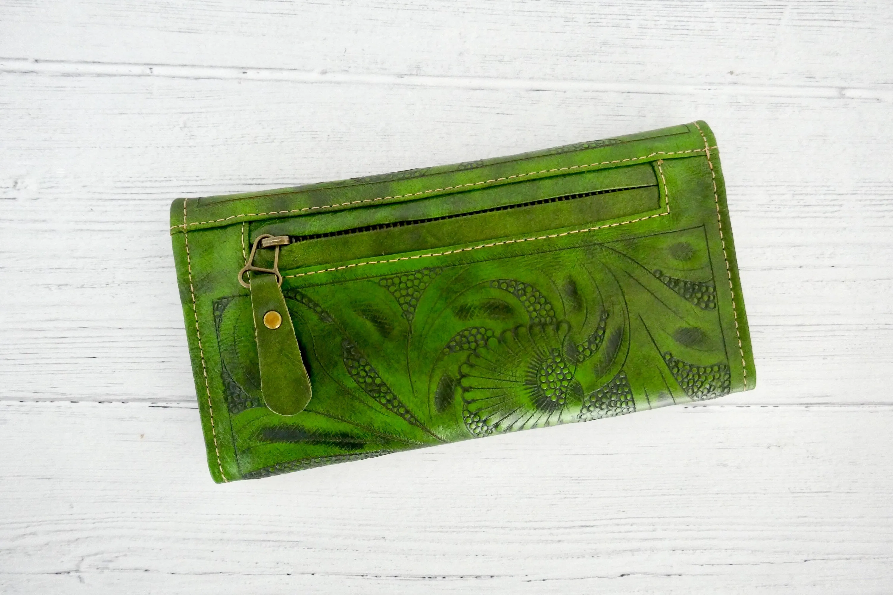 Green Floral Trifold Wallet