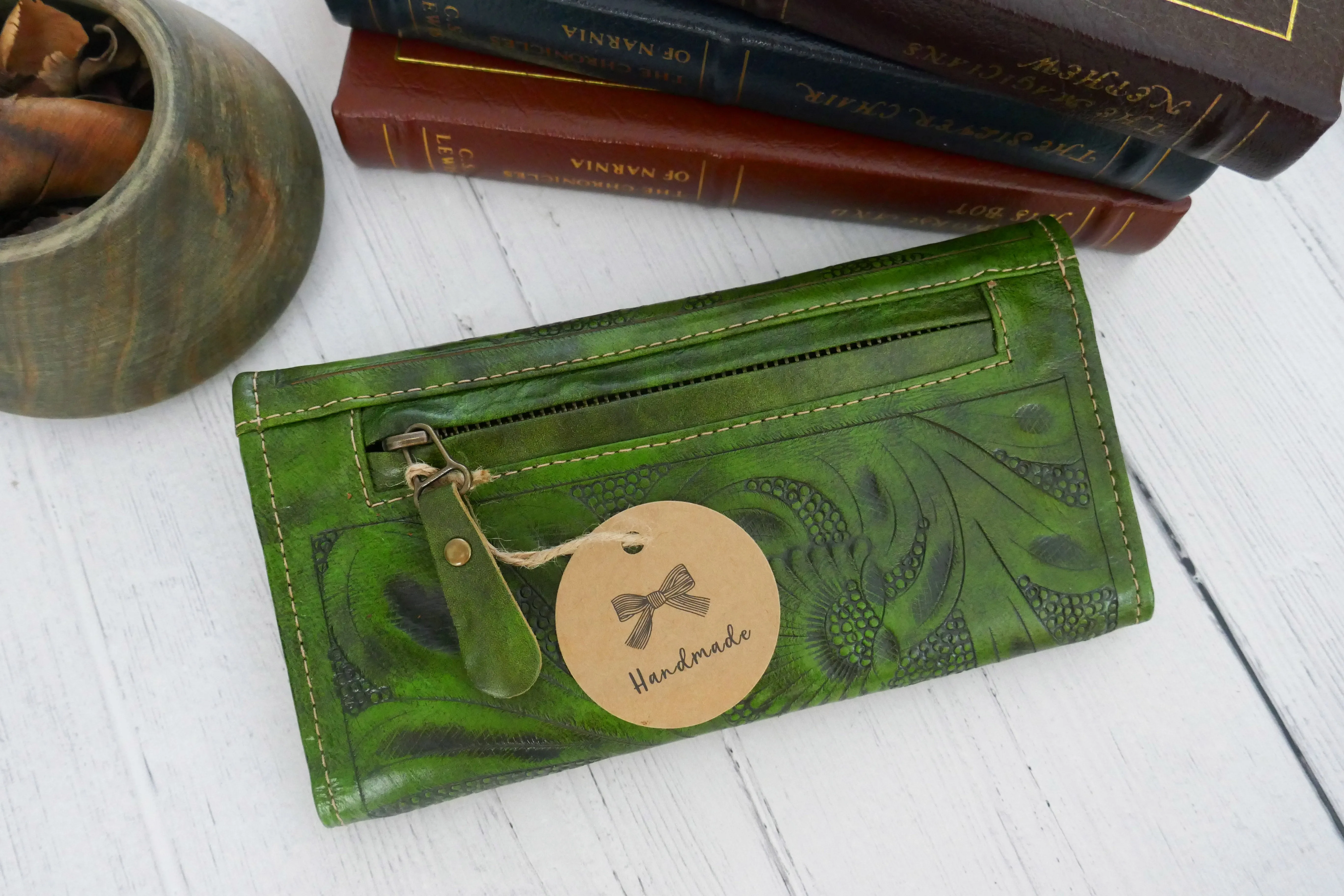 Green Floral Trifold Wallet