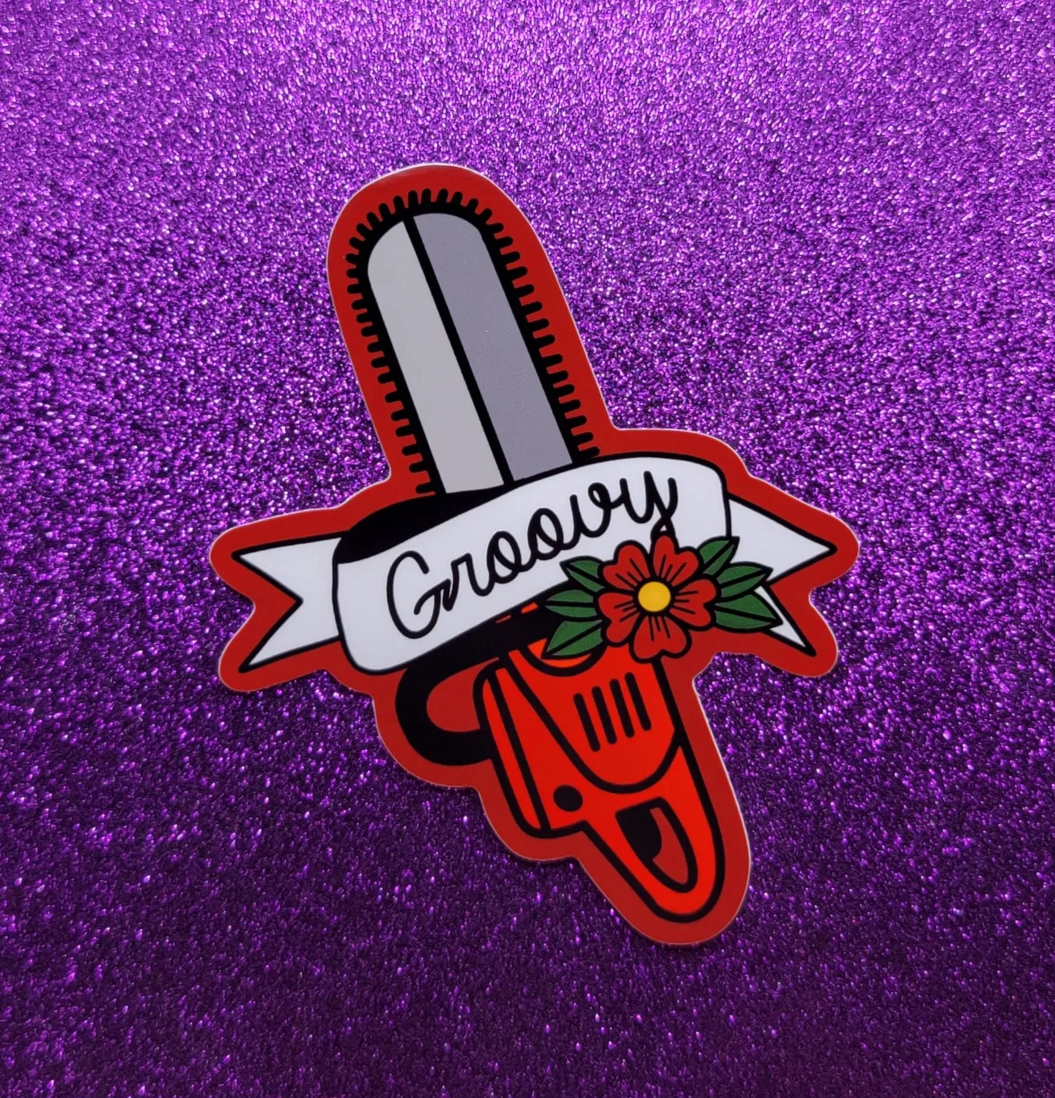 Groovy Chainsaw Horror Sticker 3.5x4"