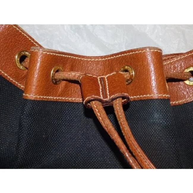 Gucci Black Linen And Camel Leather Bucket Bag With Equestrian Strap