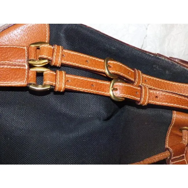 Gucci Black Linen And Camel Leather Bucket Bag With Equestrian Strap