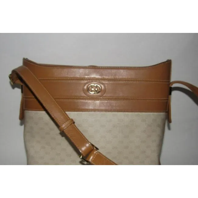 Gucci Camel Micro G Print on Ivory Leather Bucket Bag Satchel