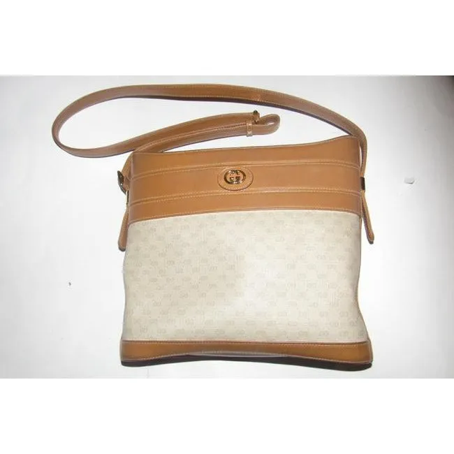 Gucci Camel Micro G Print on Ivory Leather Bucket Bag Satchel