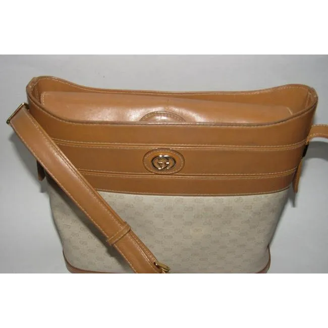 Gucci Camel Micro G Print on Ivory Leather Bucket Bag Satchel