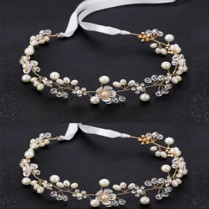 Hairband, Gold 2PCS, Wedding Hair Accessory for Flower Girls, Princess Headpiece, Pearl Headband, Women Headbands