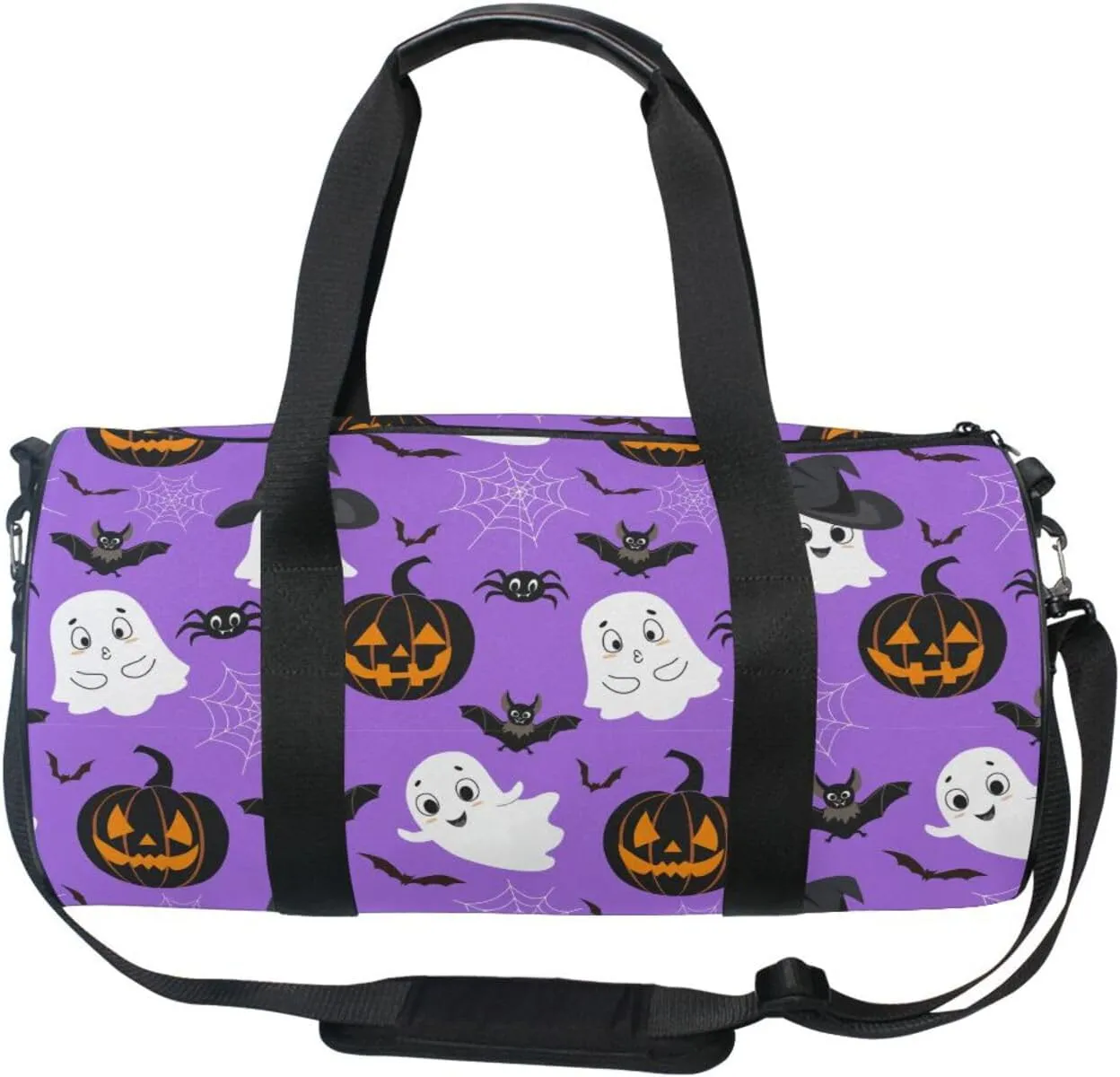 Halloween Pumpkins Bats Spider Web White Ghosts on Purple Portable Gym Bag, Travel Bag, Luggage bag, Sports Bag, Toiletry Bag with Handles, Detachable Shoulder Strap 17.6 x 9 x 9 inch