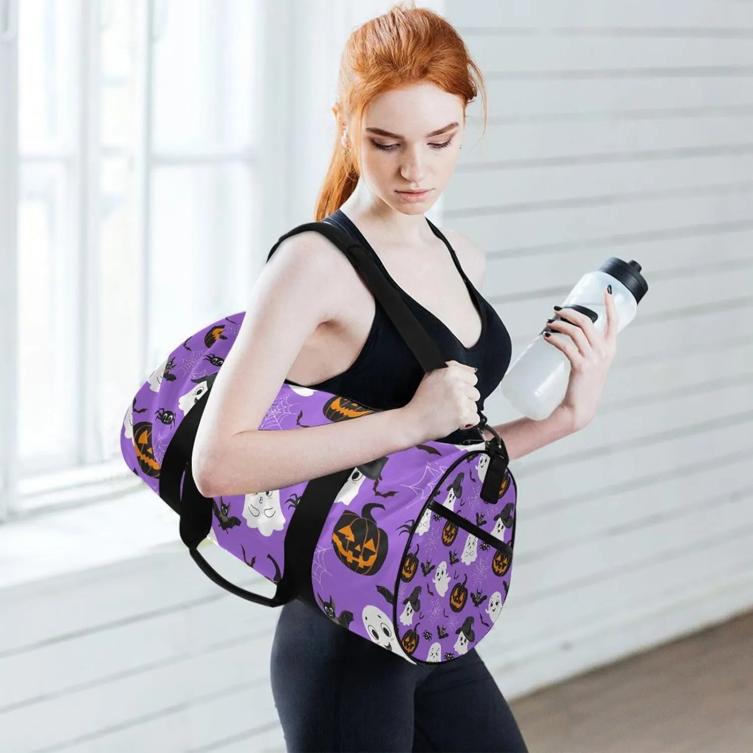 Halloween Pumpkins Bats Spider Web White Ghosts on Purple Portable Gym Bag, Travel Bag, Luggage bag, Sports Bag, Toiletry Bag with Handles, Detachable Shoulder Strap 17.6 x 9 x 9 inch