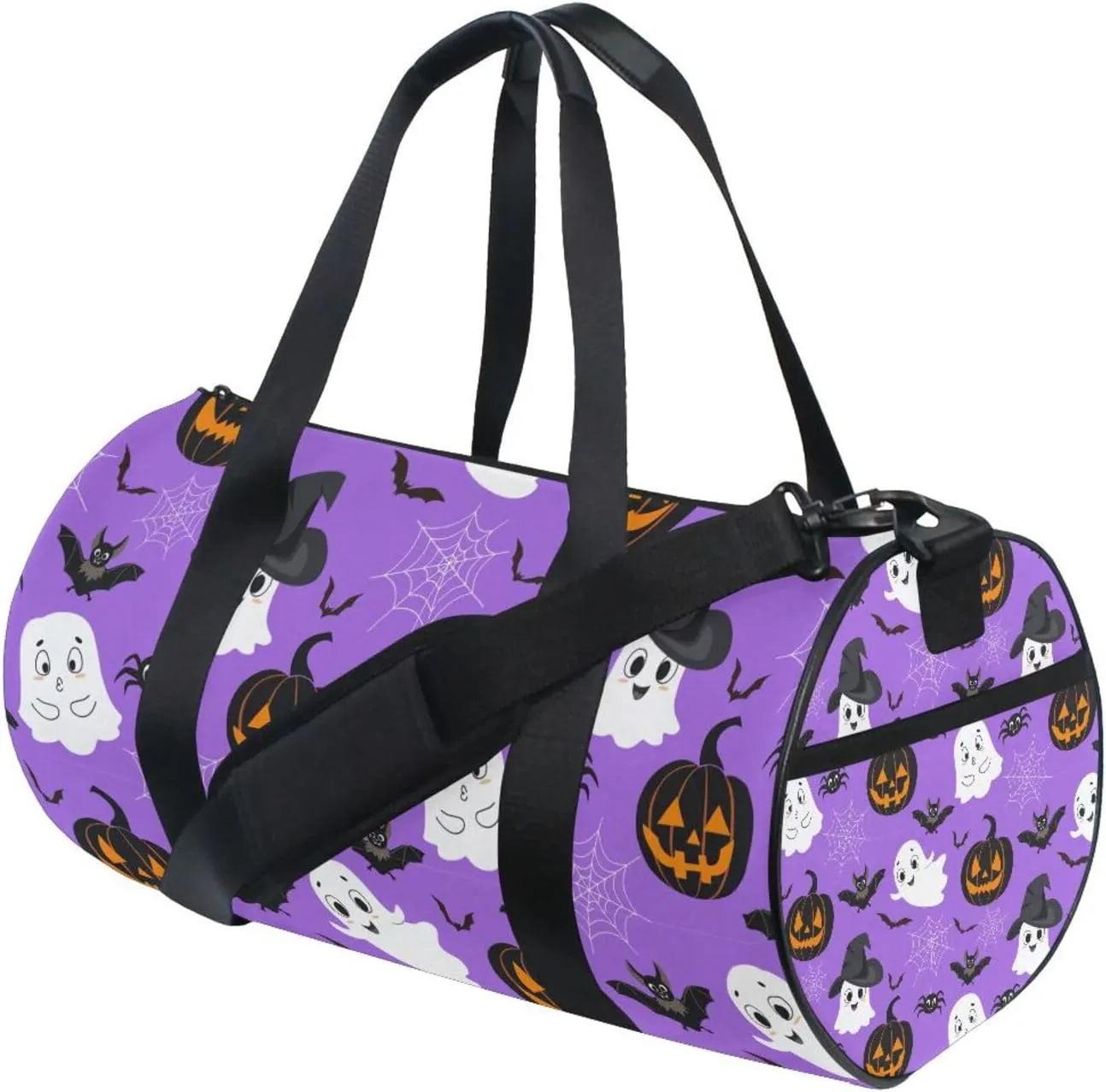 Halloween Pumpkins Bats Spider Web White Ghosts on Purple Portable Gym Bag, Travel Bag, Luggage bag, Sports Bag, Toiletry Bag with Handles, Detachable Shoulder Strap 17.6 x 9 x 9 inch