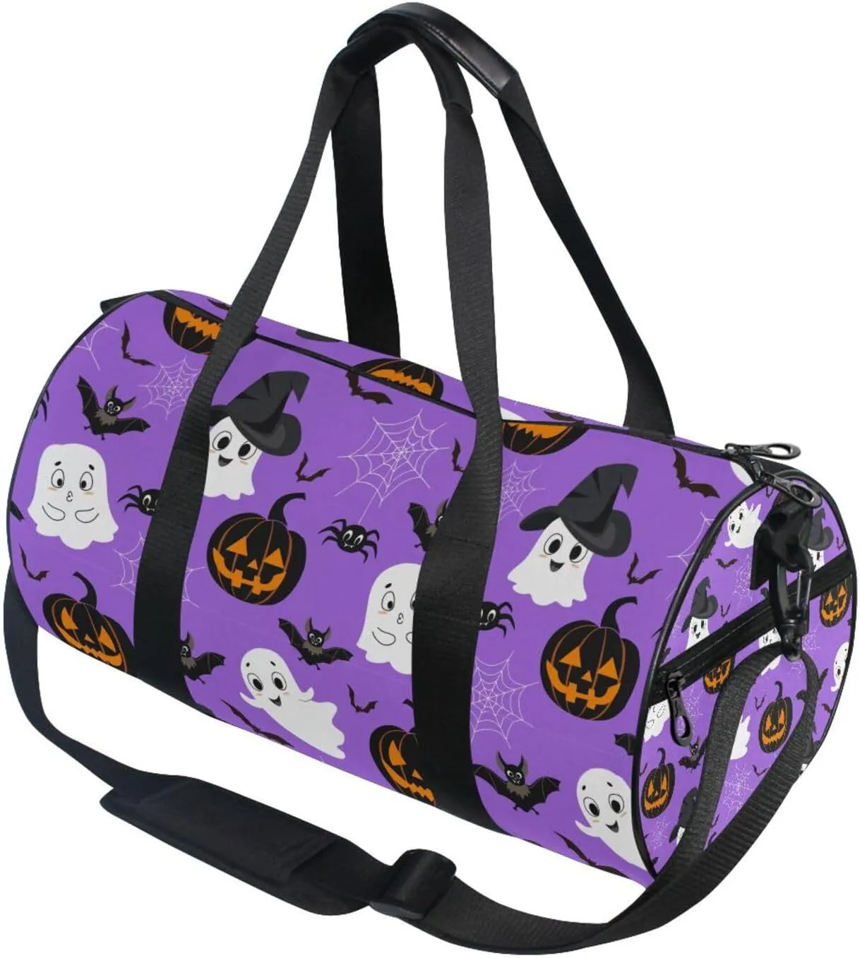 Halloween Pumpkins Bats Spider Web White Ghosts on Purple Portable Gym Bag, Travel Bag, Luggage bag, Sports Bag, Toiletry Bag with Handles, Detachable Shoulder Strap 17.6 x 9 x 9 inch