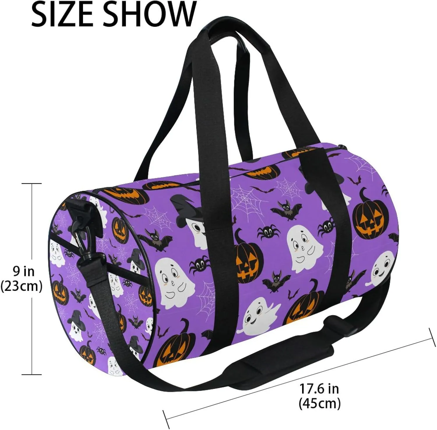 Halloween Pumpkins Bats Spider Web White Ghosts on Purple Portable Gym Bag, Travel Bag, Luggage bag, Sports Bag, Toiletry Bag with Handles, Detachable Shoulder Strap 17.6 x 9 x 9 inch