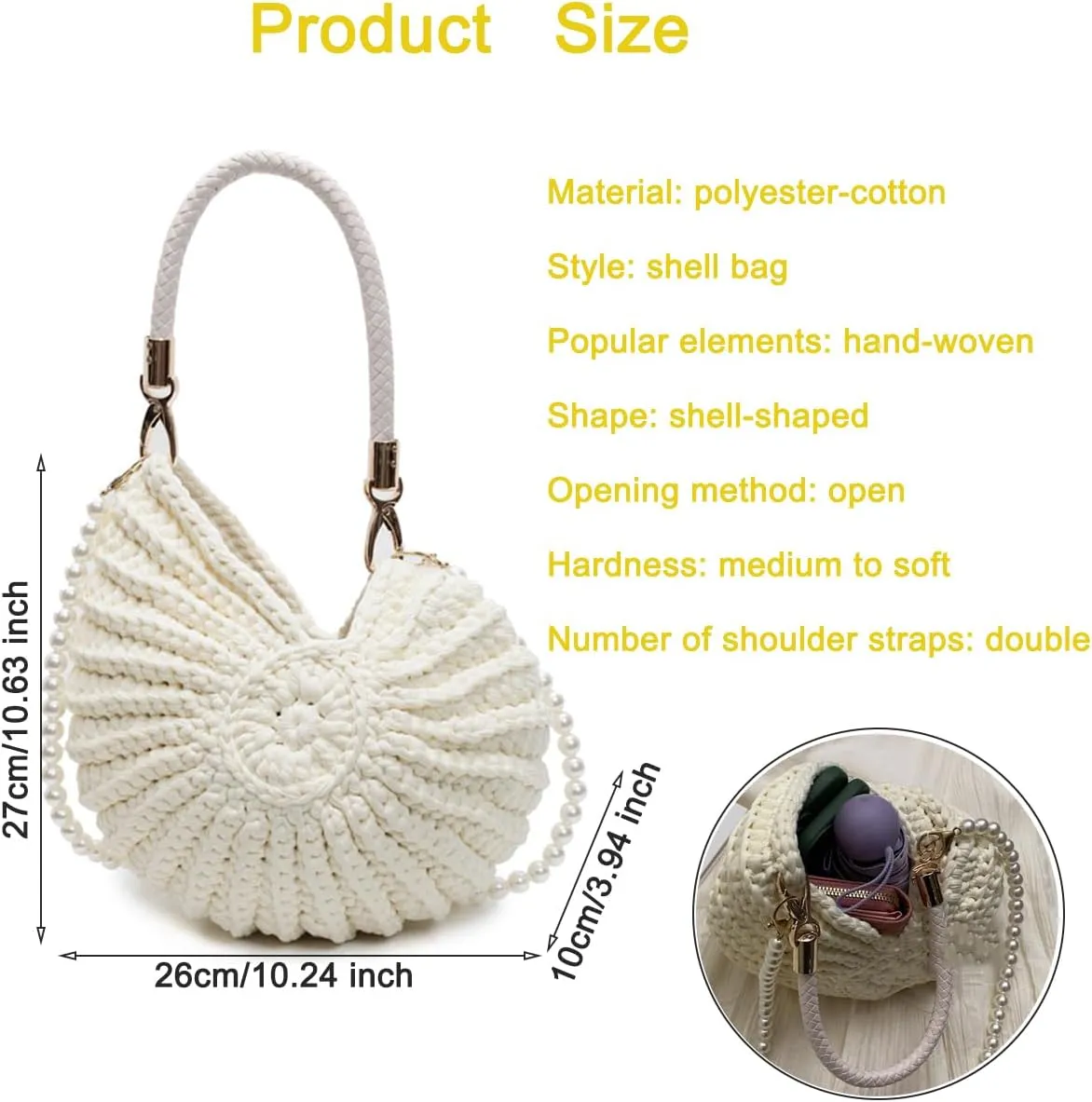 Handwoven Seashell Bag for Women Beaded Shell Purse Crochet Beach Bag Conch Shoulder Handbag with Pearl Strap Leather Handle