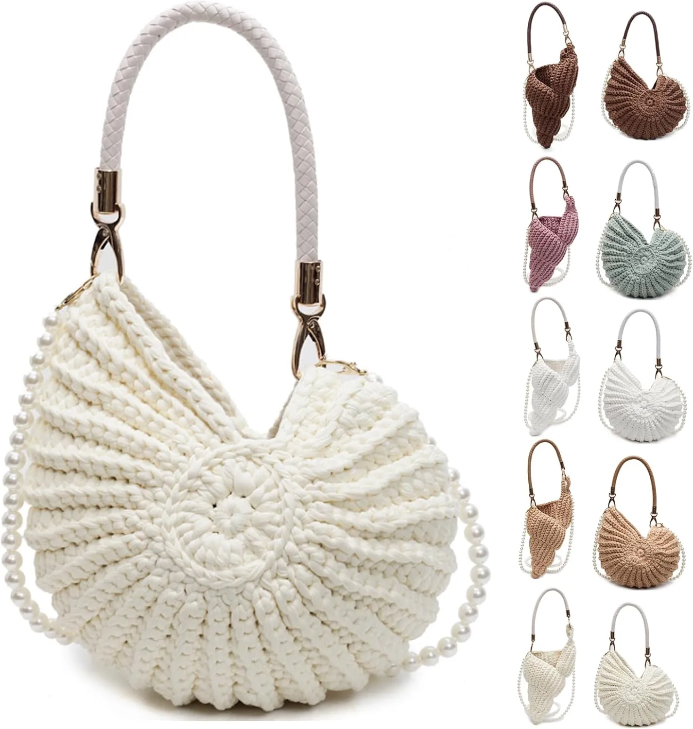 Handwoven Seashell Bag for Women Beaded Shell Purse Crochet Beach Bag Conch Shoulder Handbag with Pearl Strap Leather Handle