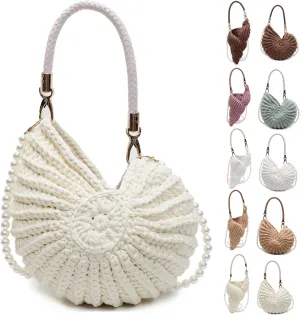 Handwoven Seashell Bag for Women Beaded Shell Purse Crochet Beach Bag Conch Shoulder Handbag with Pearl Strap Leather Handle