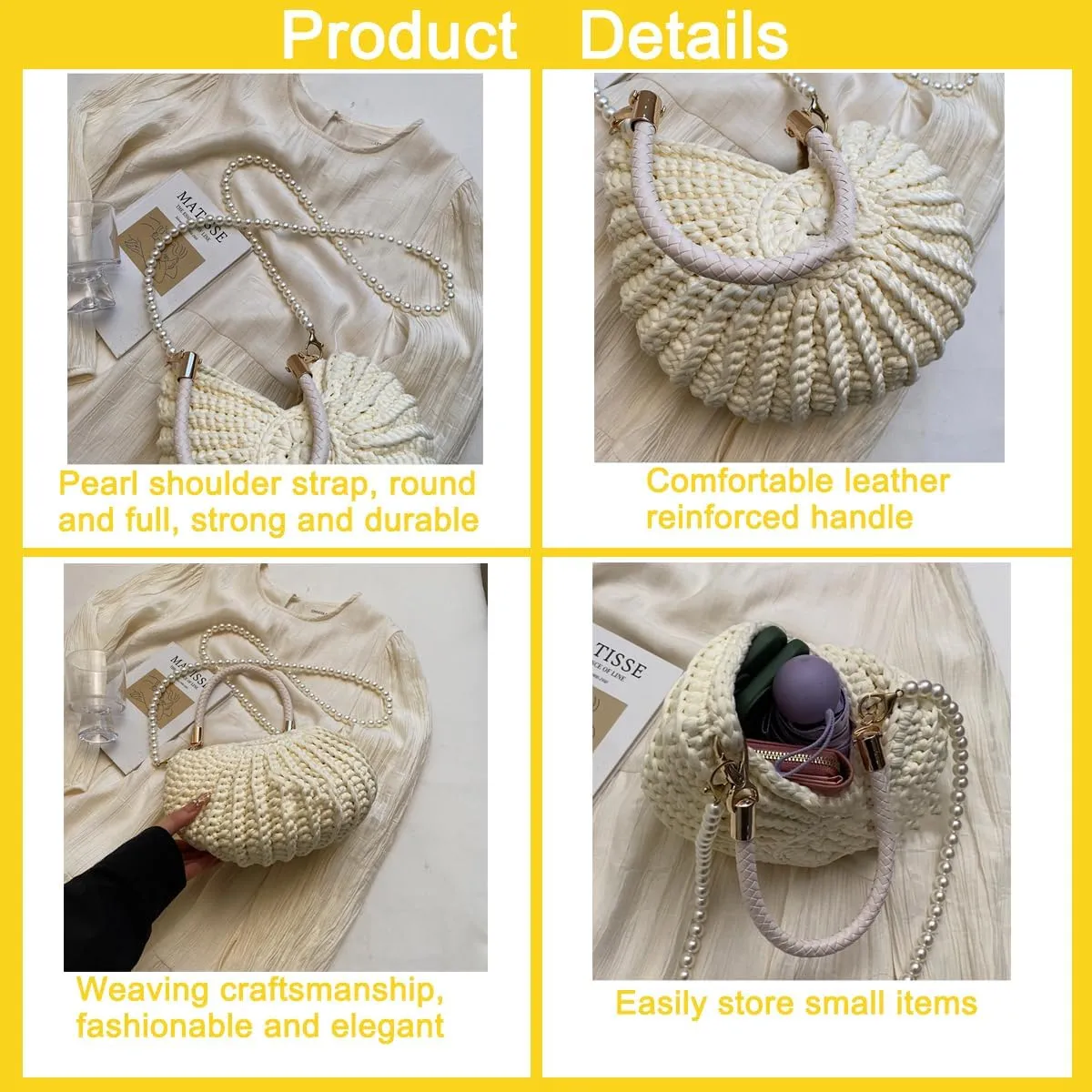 Handwoven Seashell Bag for Women Beaded Shell Purse Crochet Beach Bag Conch Shoulder Handbag with Pearl Strap Leather Handle