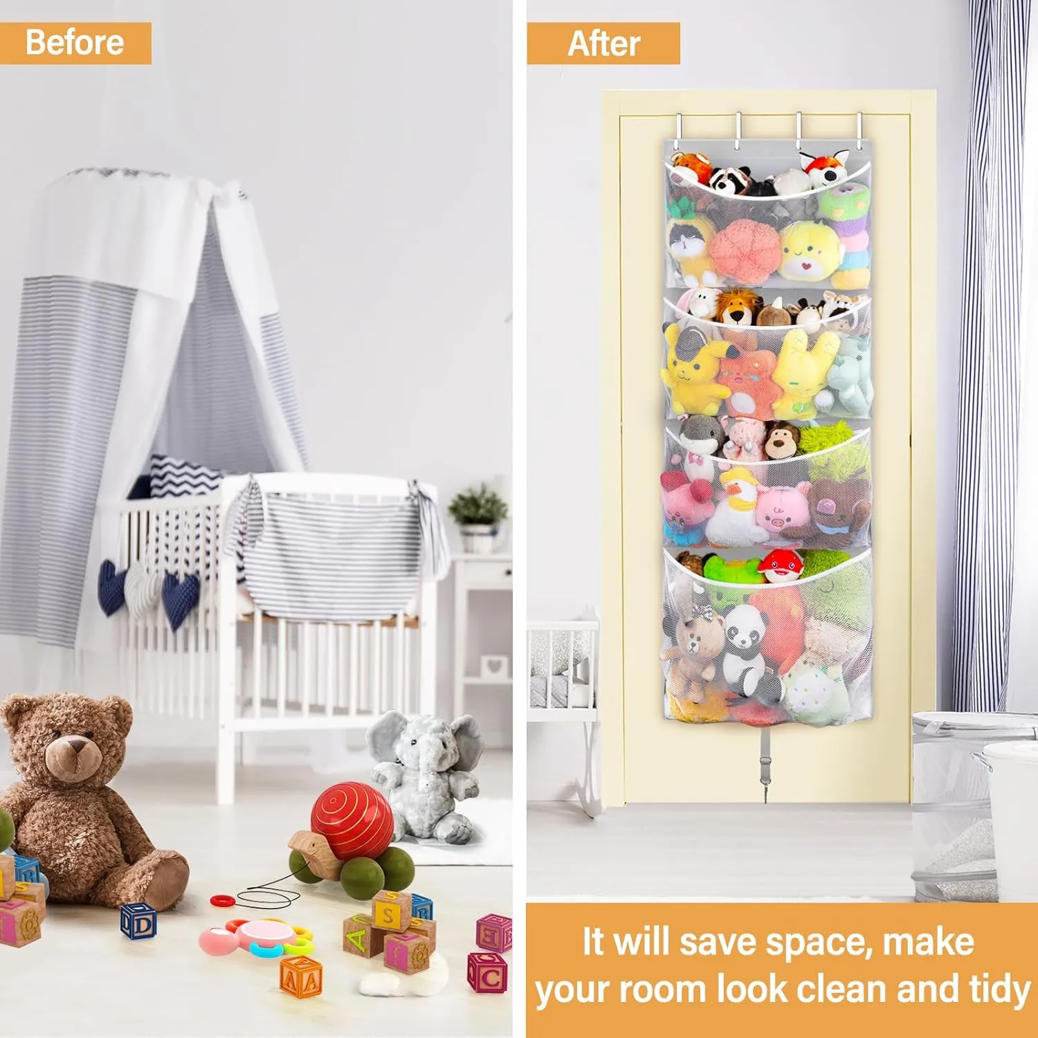 Hanging Stuffed Animal Storage, Over Door Large Plush Toy Organizer with Metal Hook, Baby Accessory Holder Idea for Nursery, Doll & Bear Mesh Hammock Bag for Girl Boy Kid Room