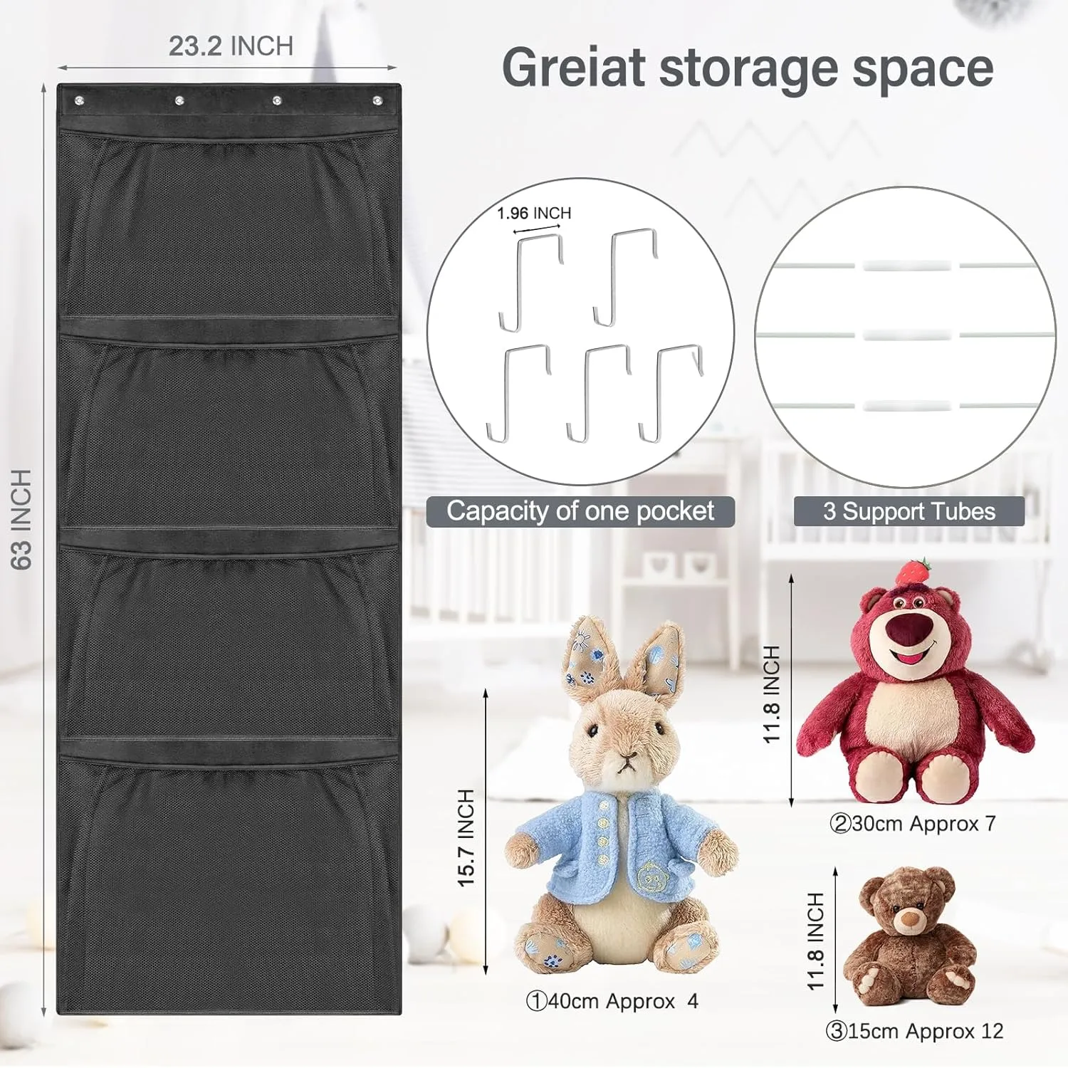 Hanging Stuffed Animal Storage, Over Door Large Plush Toy Organizer with Metal Hook, Baby Accessory Holder Idea for Nursery, Doll & Bear Mesh Hammock Bag for Girl Boy Kid Room
