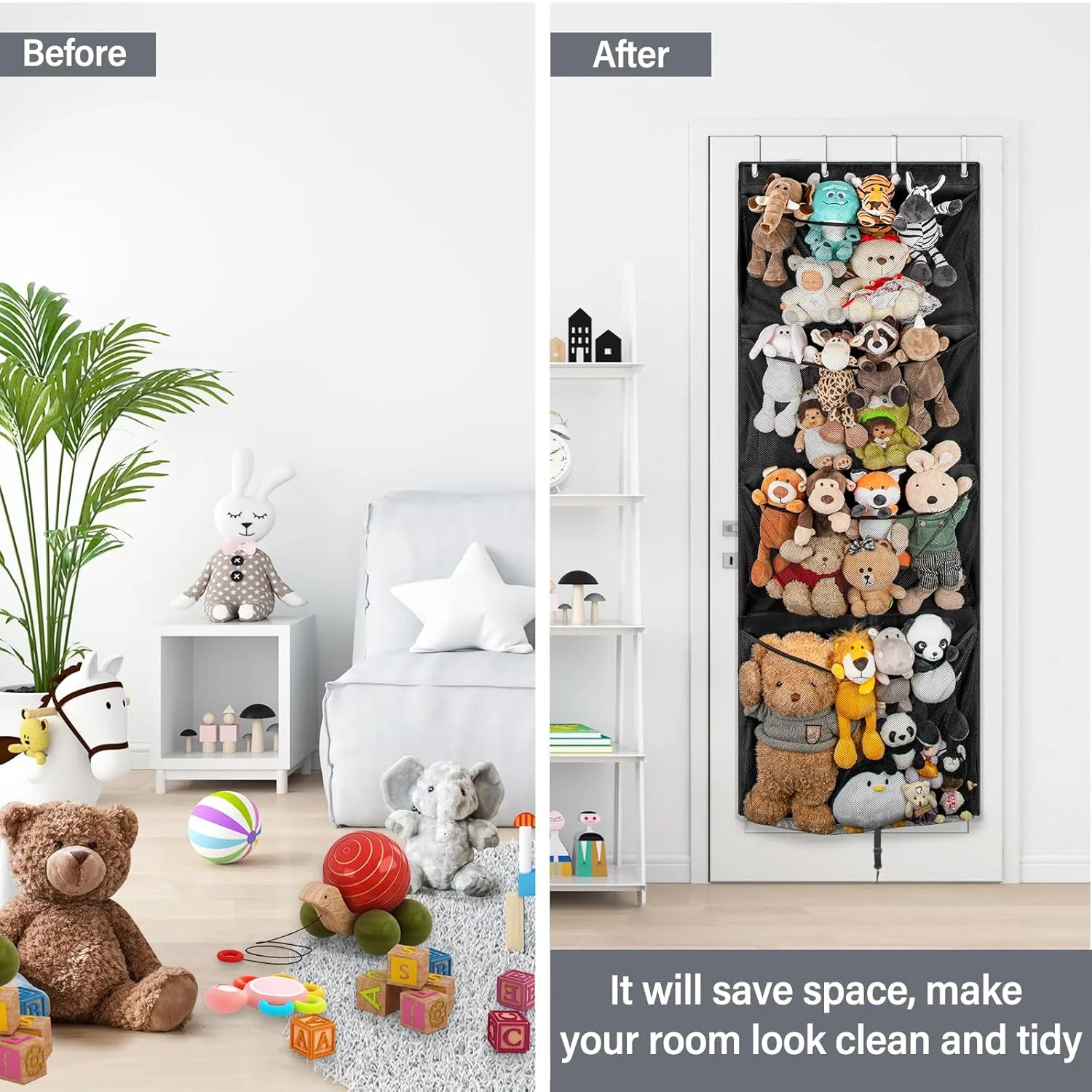 Hanging Stuffed Animal Storage, Over Door Large Plush Toy Organizer with Metal Hook, Baby Accessory Holder Idea for Nursery, Doll & Bear Mesh Hammock Bag for Girl Boy Kid Room