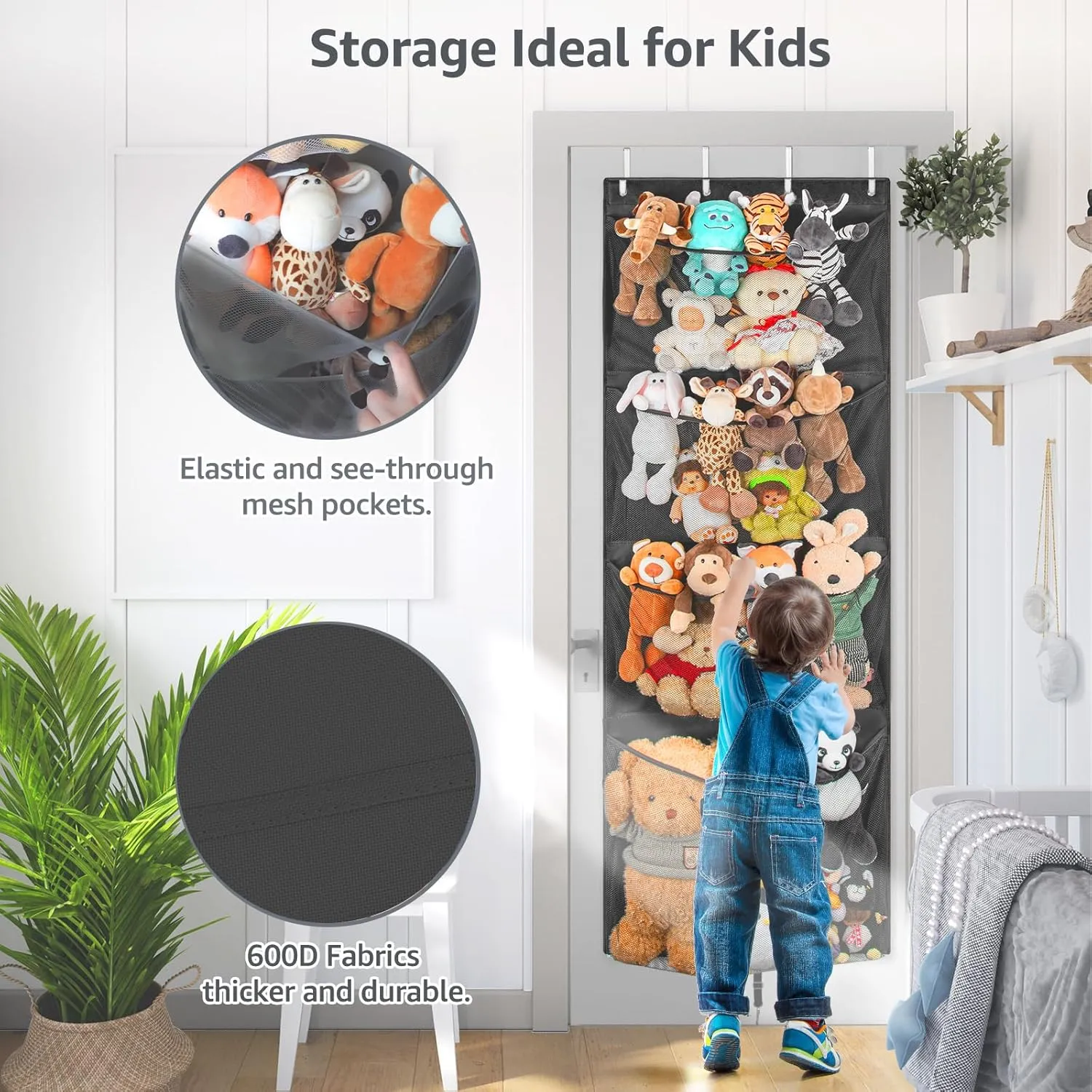 Hanging Stuffed Animal Storage, Over Door Large Plush Toy Organizer with Metal Hook, Baby Accessory Holder Idea for Nursery, Doll & Bear Mesh Hammock Bag for Girl Boy Kid Room