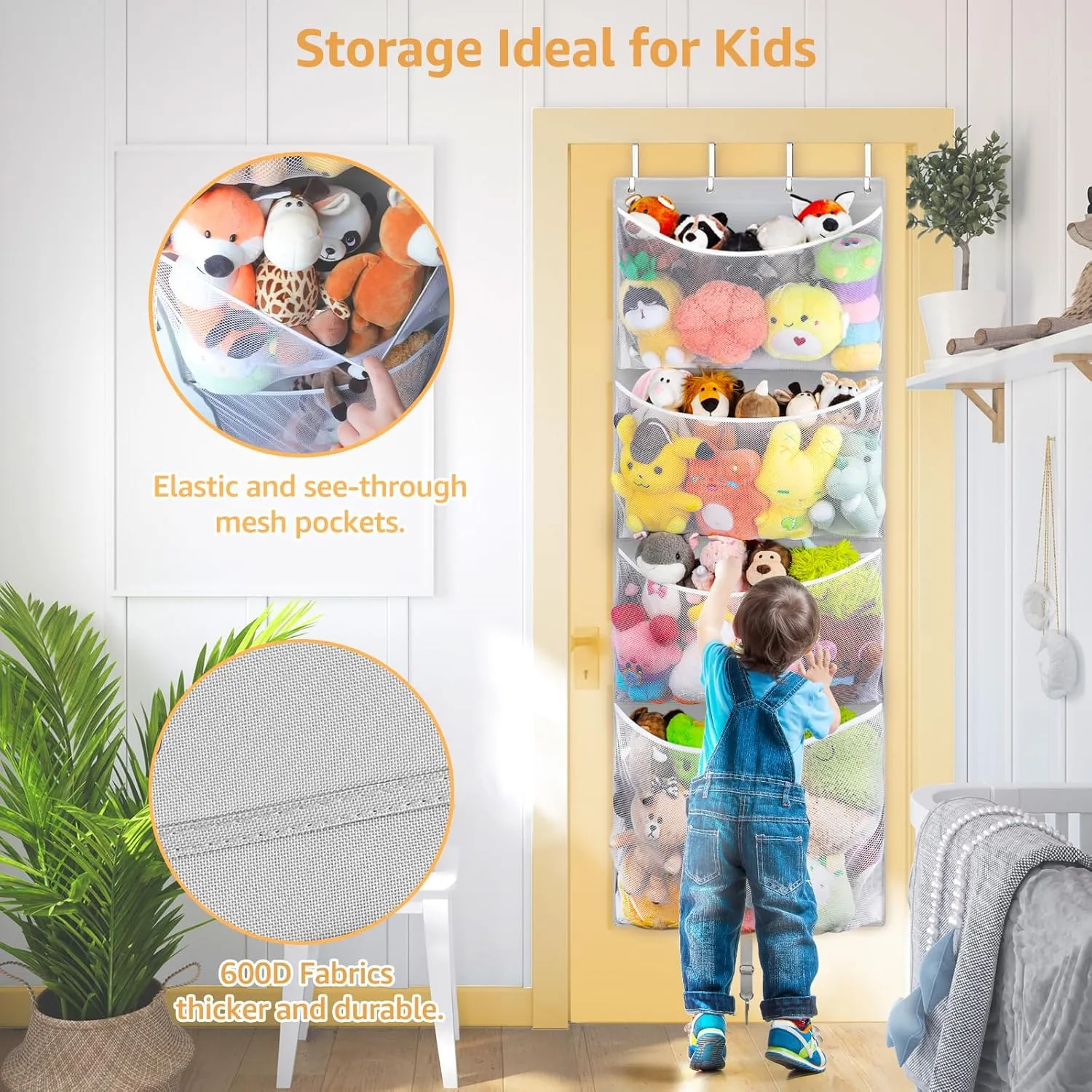 Hanging Stuffed Animal Storage, Over Door Large Plush Toy Organizer with Metal Hook, Baby Accessory Holder Idea for Nursery, Doll & Bear Mesh Hammock Bag for Girl Boy Kid Room