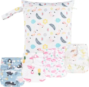 HappyFlute 9 Sets Newborn Baby Cloth Pocket Diapers Adjustable Reusable for Baby Boys and Girls(6-33 pounds,0-3 Years),One Wet Bag 4Diapers and 4Inserts (AD08)