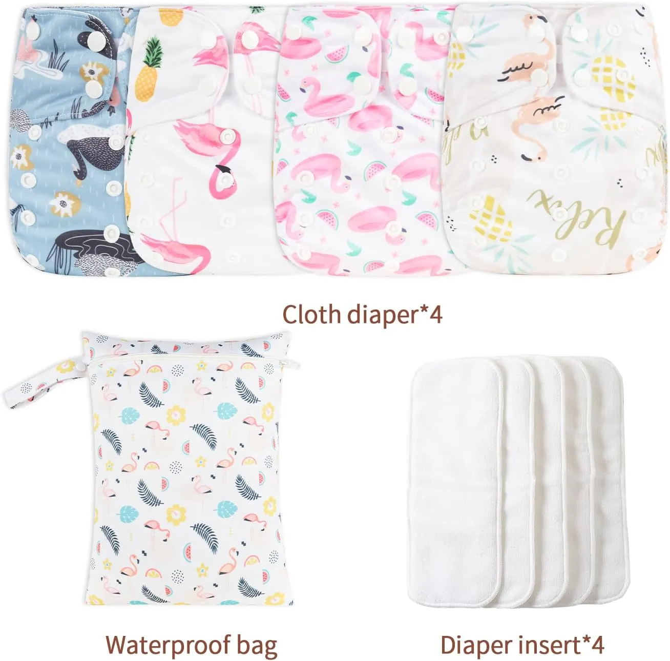 HappyFlute 9 Sets Newborn Baby Cloth Pocket Diapers Adjustable Reusable for Baby Boys and Girls(6-33 pounds,0-3 Years),One Wet Bag 4Diapers and 4Inserts (AD08)