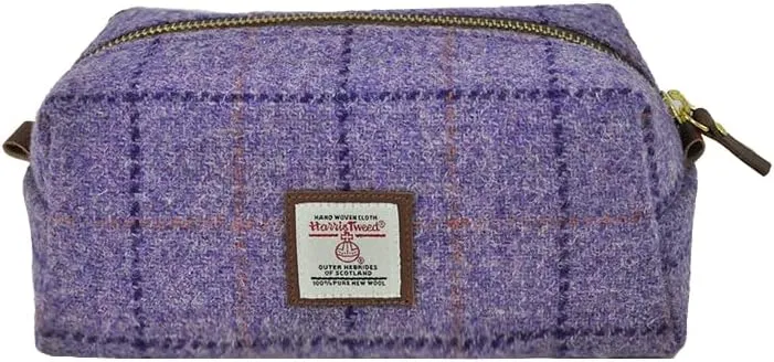 Harris Tweed Wool Cosmetic Bag, Large Capacity Scottish Tartan Handmade Makeup Organizer, Stain-Resistant Travel Toiletry Pouch for Women （Purple Plaid）