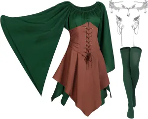 Haysandy 4 Pcs Women Elf Costume Renaissance Traditional Irish Dress Fairy Ears for Halloween Cosplay