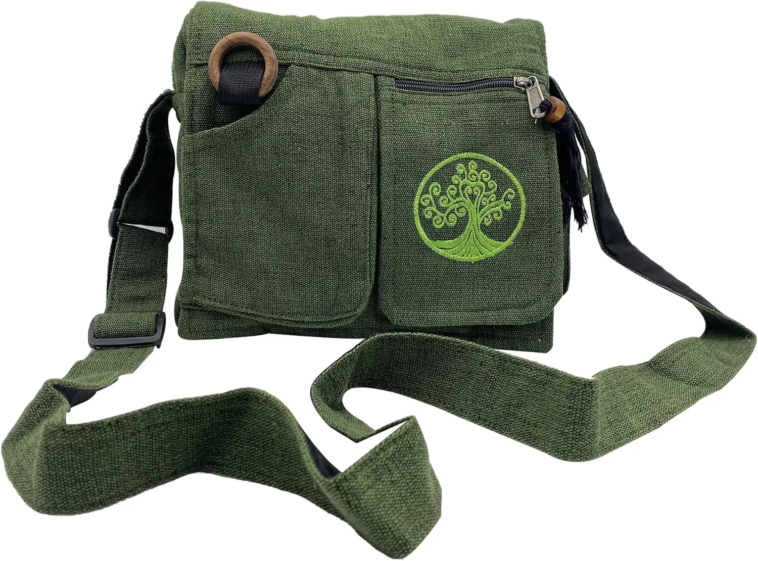 Hemp Green Crossbody Bag, Green purses for women and men, Everyday Travel essentials, Shoulder Bags, 5 pockets with zippers, Handmade Hippie Bag, Gift