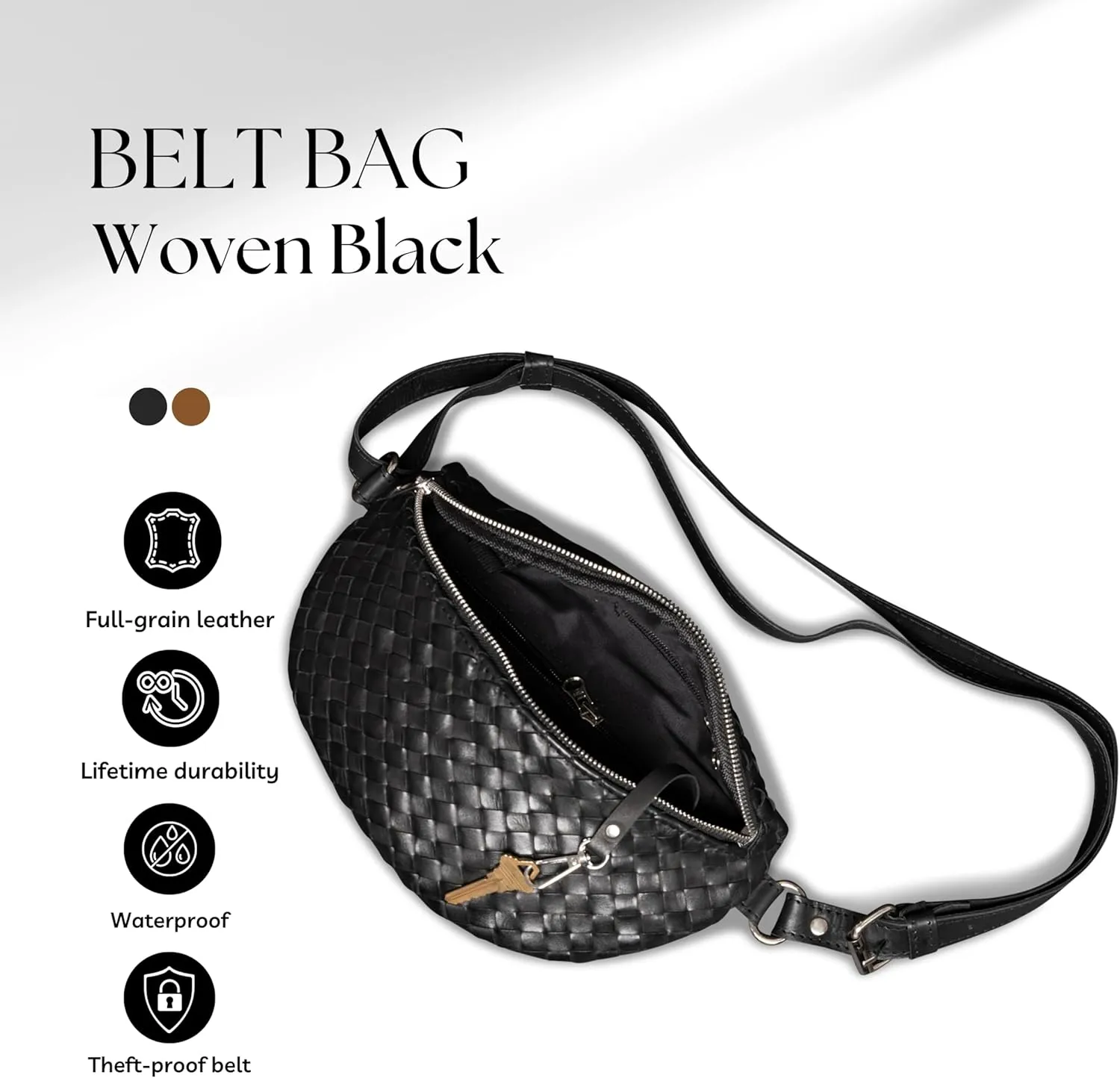 HIDES Nexus Leather Belt Bag, Handcrafted Travel Companion with Premium Full-Grain Leather Spacious Compartments Discreet Back Zip Pocket Adjustable Leather Strap Water-Resistant (Black Woven)