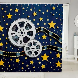 Homewish Movie Projector Waterproof Quick Dry Fabrics,Retro Film Theme Shower Curtain,70's Vintage Cinema Bathroom Curtain,Kids Teens Woman Men Gold Stars Print Bathtub Decor with 12 Hooks,72" Wx84 L