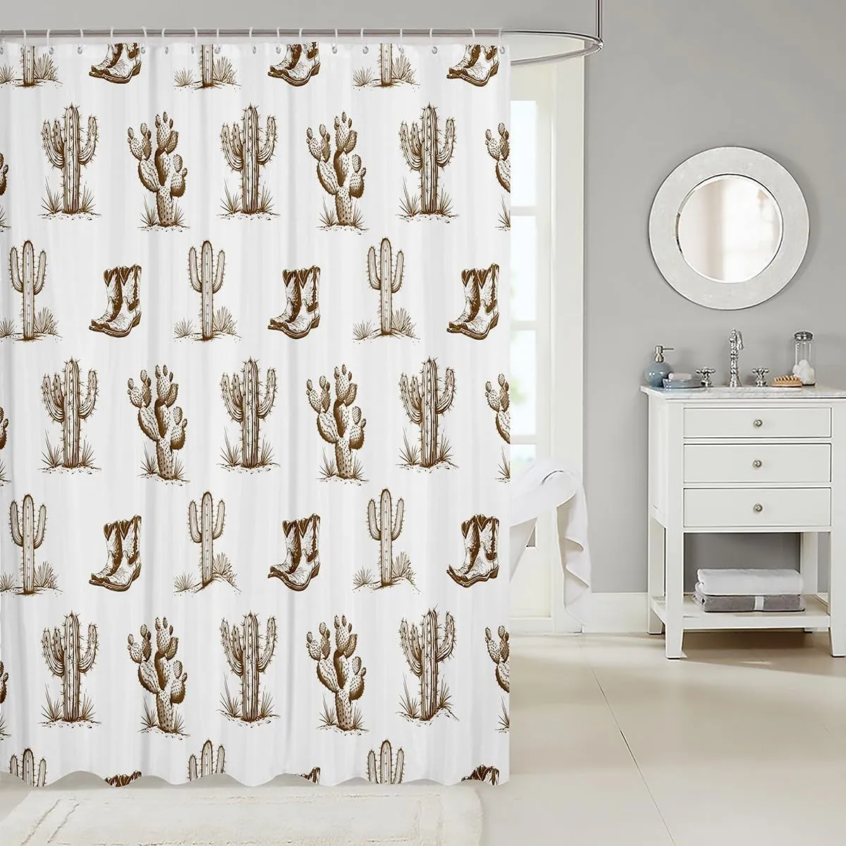 Homewish Rustic Western Shower Curtain Sets,Desert Cactus Cowboy Boots Bath Curtain,Kids Girls Boys Teens Sketch Brown Waterproof Quick Dry Fabric Retro Bathroom Decor,12 Hooks,72" Wx72 L