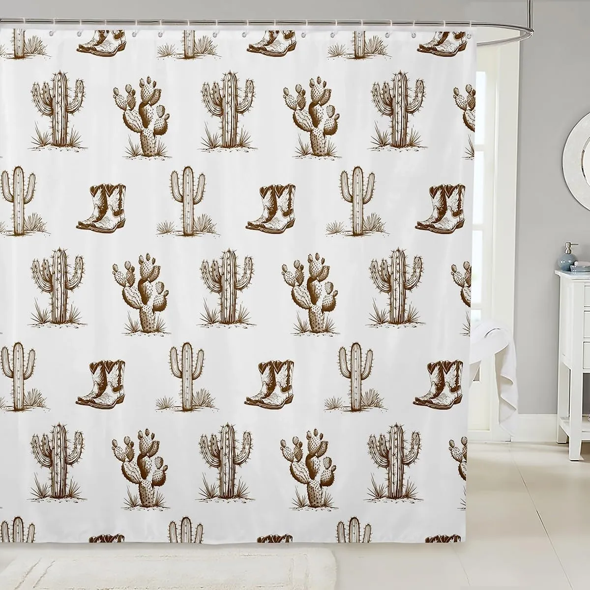 Homewish Rustic Western Shower Curtain Sets,Desert Cactus Cowboy Boots Bath Curtain,Kids Girls Boys Teens Sketch Brown Waterproof Quick Dry Fabric Retro Bathroom Decor,12 Hooks,72" Wx72 L