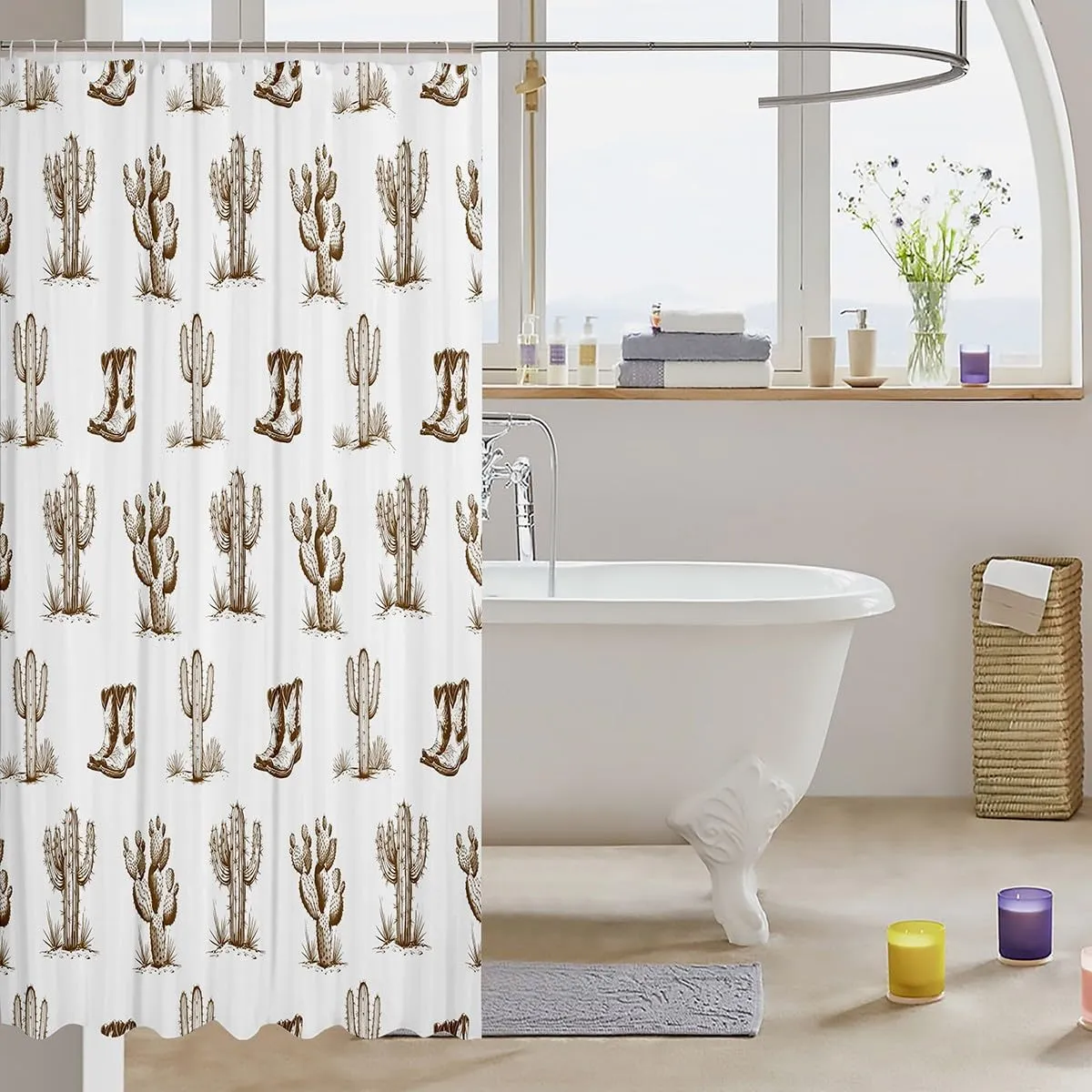 Homewish Rustic Western Shower Curtain Sets,Desert Cactus Cowboy Boots Bath Curtain,Kids Girls Boys Teens Sketch Brown Waterproof Quick Dry Fabric Retro Bathroom Decor,12 Hooks,72" Wx72 L