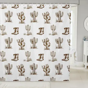 Homewish Rustic Western Shower Curtain Sets,Desert Cactus Cowboy Boots Bath Curtain,Kids Girls Boys Teens Sketch Brown Waterproof Quick Dry Fabric Retro Bathroom Decor,12 Hooks,72" Wx72 L