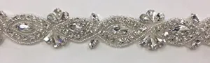 Hot-Fix or Sew-On Beaded Crystal Rhinestone Trim by Yard for Bridal Belt Wedding Sash (Clear Crystals, Silver Beads, Silver Cups, 1.5 Inch Wide)