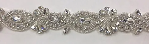 Hot-Fix or Sew-On Beaded Crystal Rhinestone Trim by Yard for Bridal Belt Wedding Sash (Clear Crystals, Silver Beads, Silver Cups, 1.5 Inch Wide)