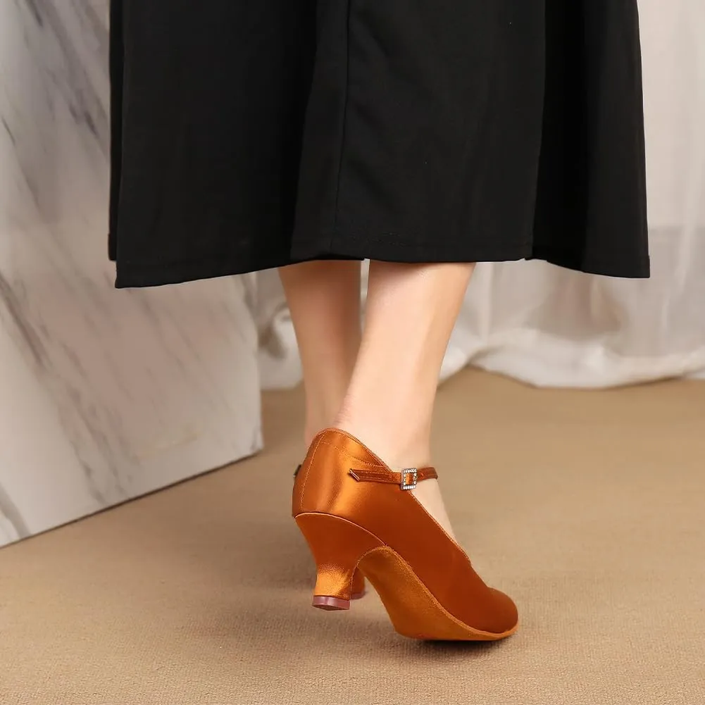 HROYL Ballroom Dance Shoes Women Low heel Colsed Toe Satin Latin Salsa Batchata Social Ballroom Dancing Pumps