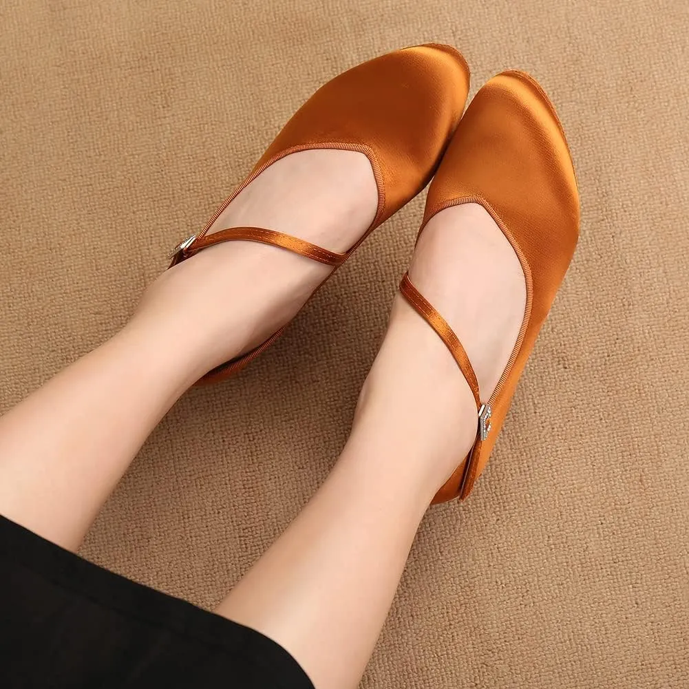 HROYL Ballroom Dance Shoes Women Low heel Colsed Toe Satin Latin Salsa Batchata Social Ballroom Dancing Pumps