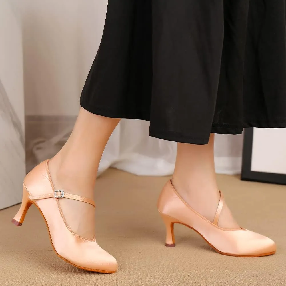 HROYL Ballroom Dance Shoes Women Low heel Colsed Toe Satin Latin Salsa Batchata Social Ballroom Dancing Pumps