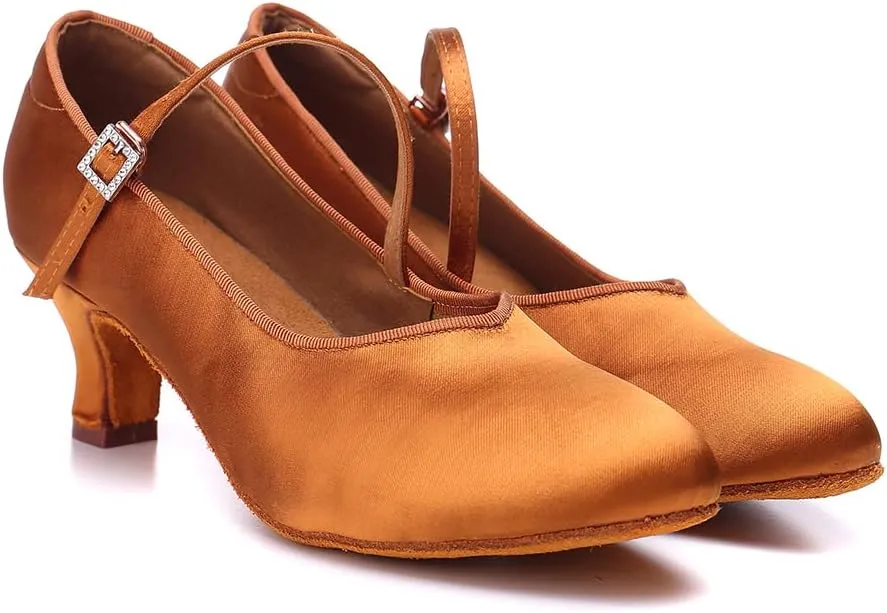 HROYL Ballroom Dance Shoes Women Low heel Colsed Toe Satin Latin Salsa Batchata Social Ballroom Dancing Pumps