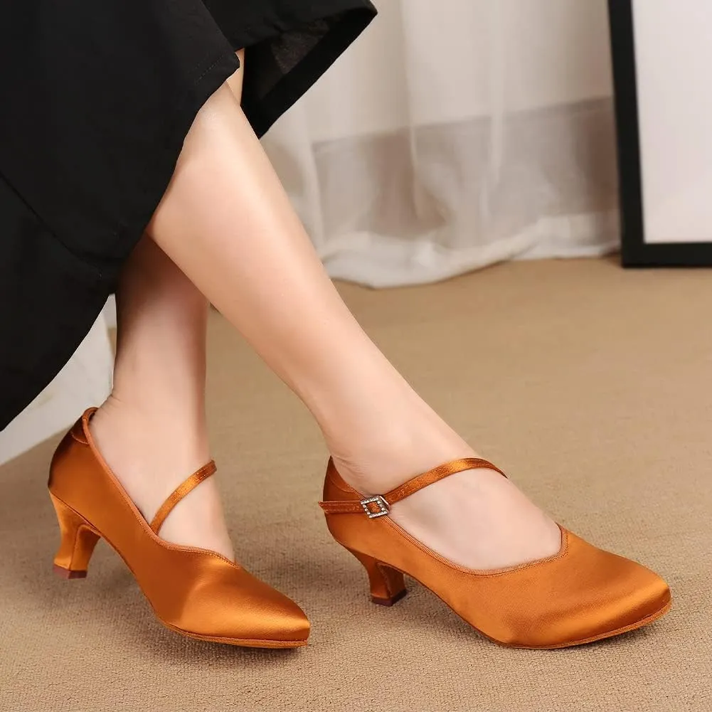 HROYL Ballroom Dance Shoes Women Low heel Colsed Toe Satin Latin Salsa Batchata Social Ballroom Dancing Pumps