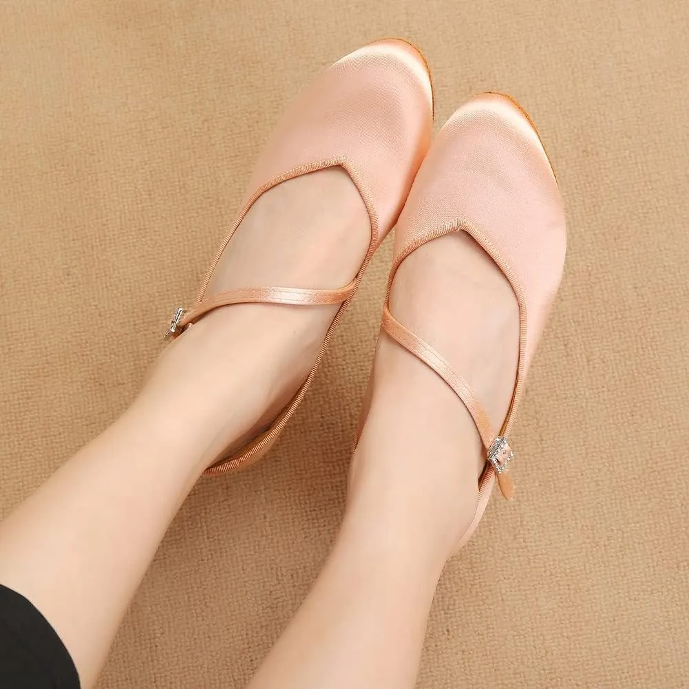 HROYL Ballroom Dance Shoes Women Low heel Colsed Toe Satin Latin Salsa Batchata Social Ballroom Dancing Pumps